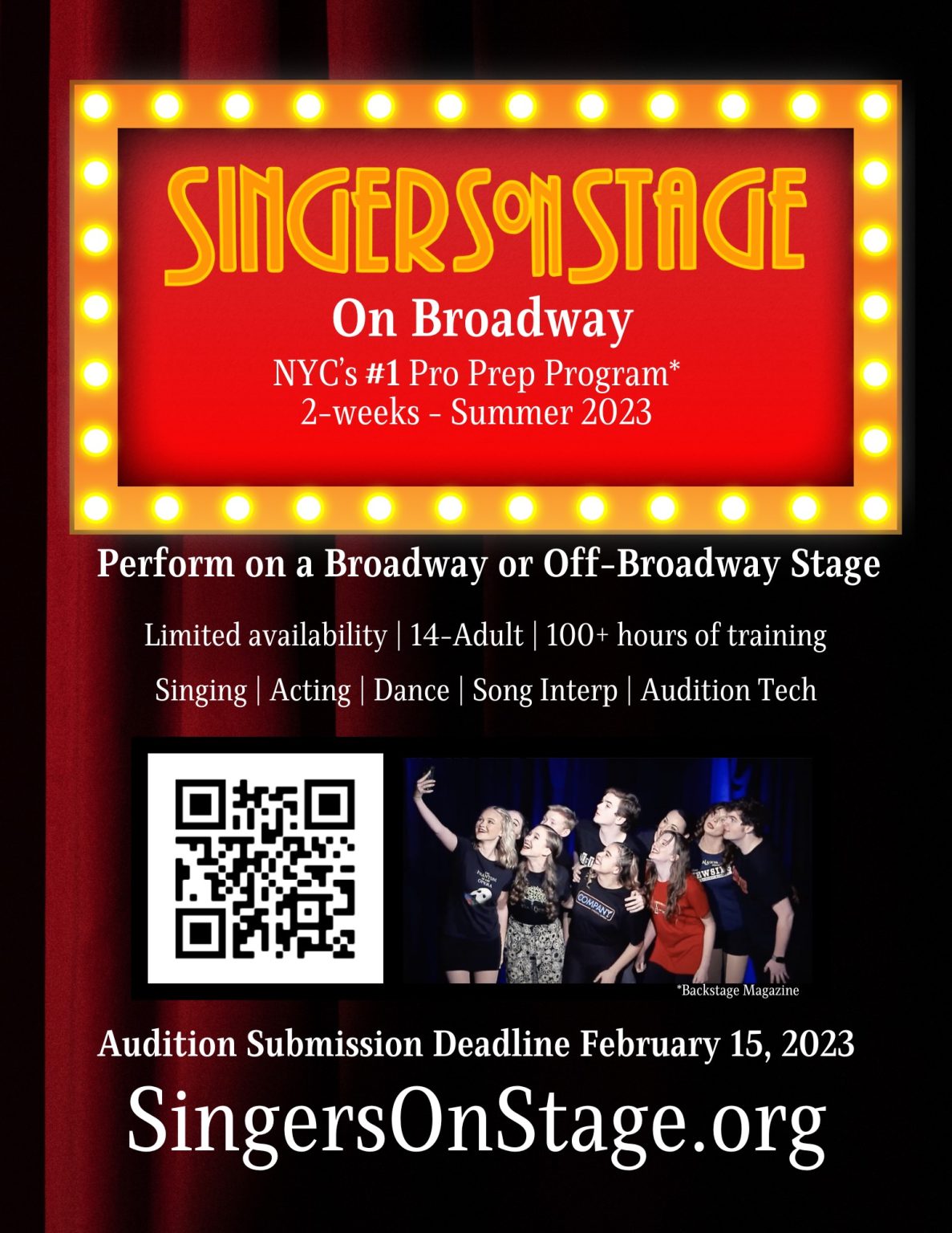 Singers on Stage on Broadway flyer 2023